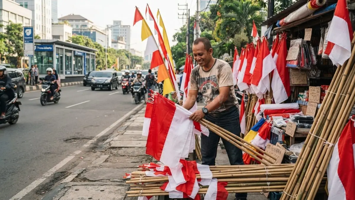 Ilustrasi pedagang menata bendera, tiang bambu, dan umbul-umbul untuk kebutuhan kemerdekaan.