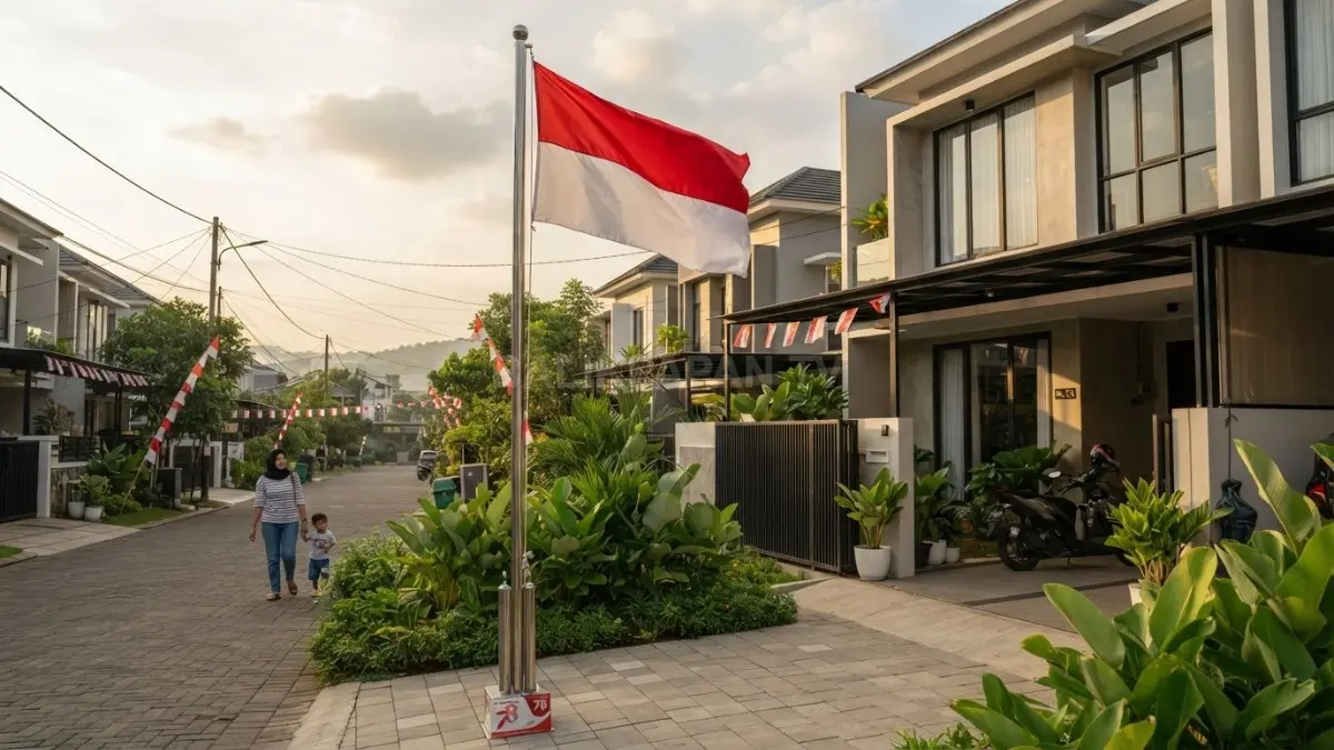 Ilustrasi tiang bendera Merah Putih berdiri di depan rumah menjelang 17 Agustus.