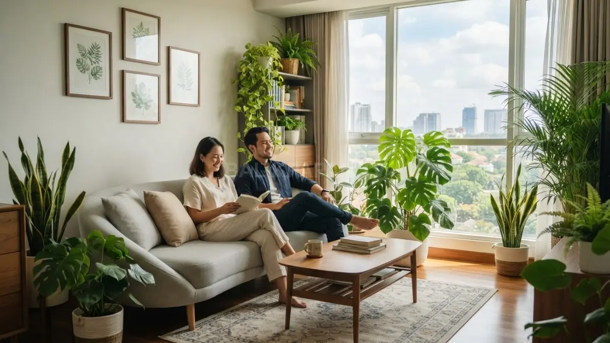 Tanaman hijau dalam ruangan membantu menyegarkan udara, mengurangi stres, dan mempercantik interior rumah minimalis. (BTV/AI)
