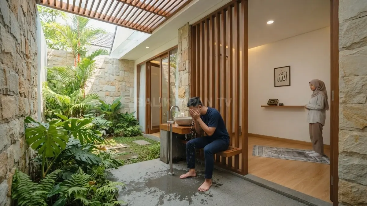 Tempat wudhu semi terbuka bernuansa natural dengan batu alam, tanaman hias, dan pencahayaan alami (BTV/AI)