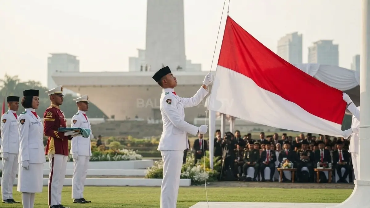Upacara HUT Ke-81 RI di Istana Merdeka berlangsung khidmat dengan pengibaran Sang Merah Putih. (BTV/AI)
