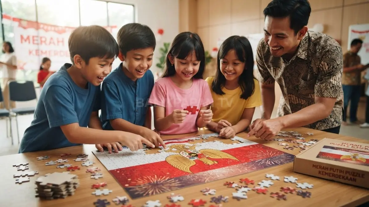 Anak-anak menyusun puzzle merah putih bersama, melatih konsentrasi dan kerja sama dalam suasana kemerdekaan. (BTV/AI)