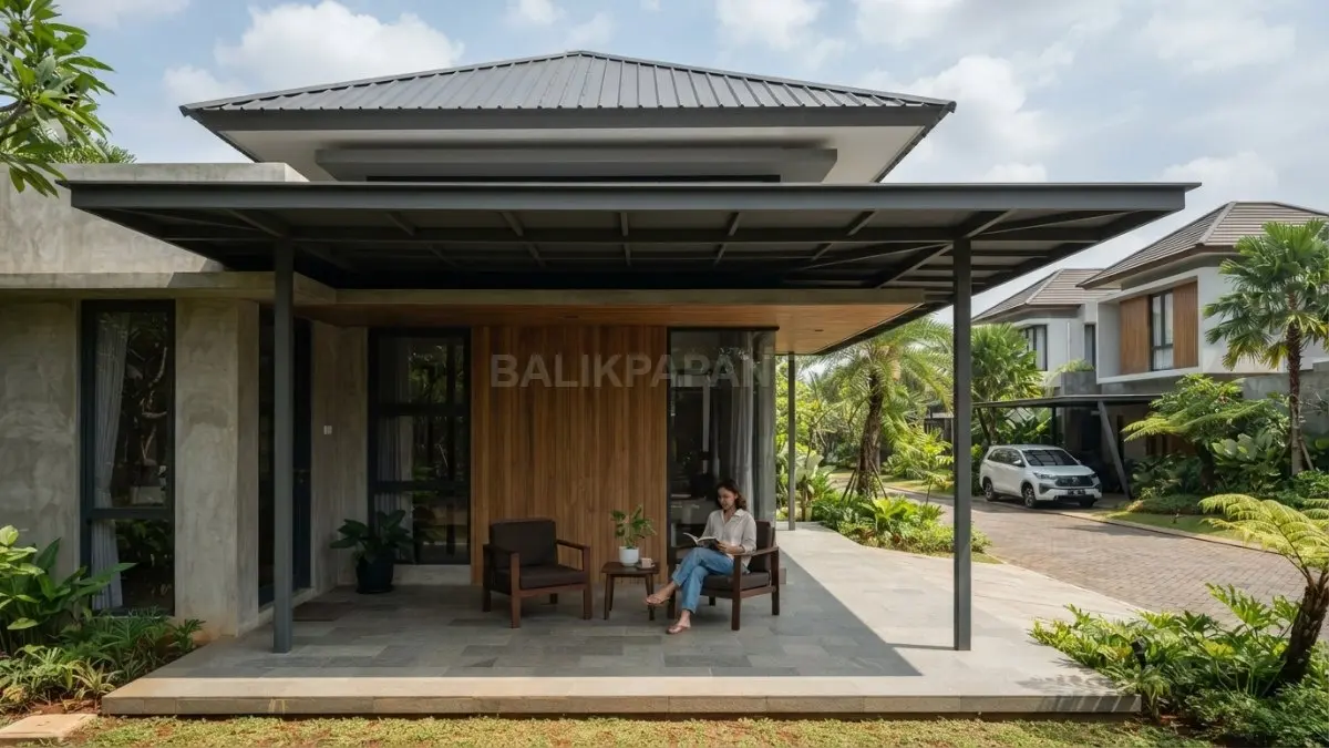 Atap lebar dan teras teduh membantu mengurangi panas matahari sekaligus melindungi rumah dari hujan tropis. (BTV/AI)
