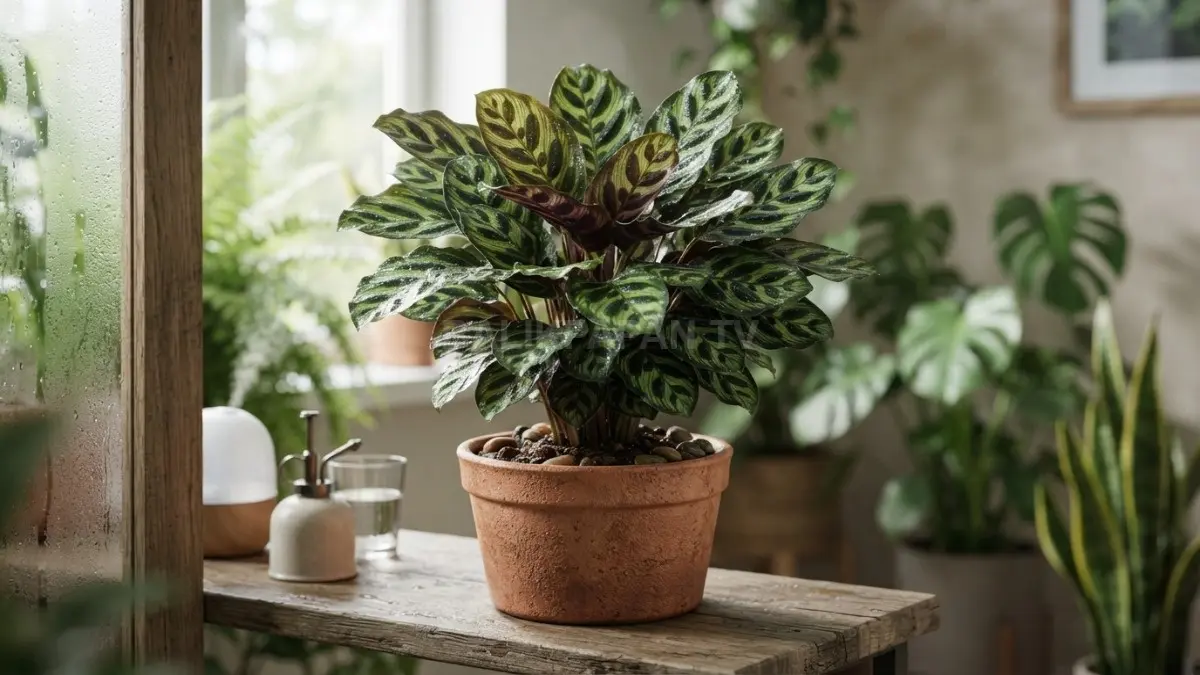 Calathea hadirkan aksen daun dekoratif di ruang lembap dengan cahaya sesuai, membantu menciptakan suasana hijau menyegarkan. (BTV/AI)