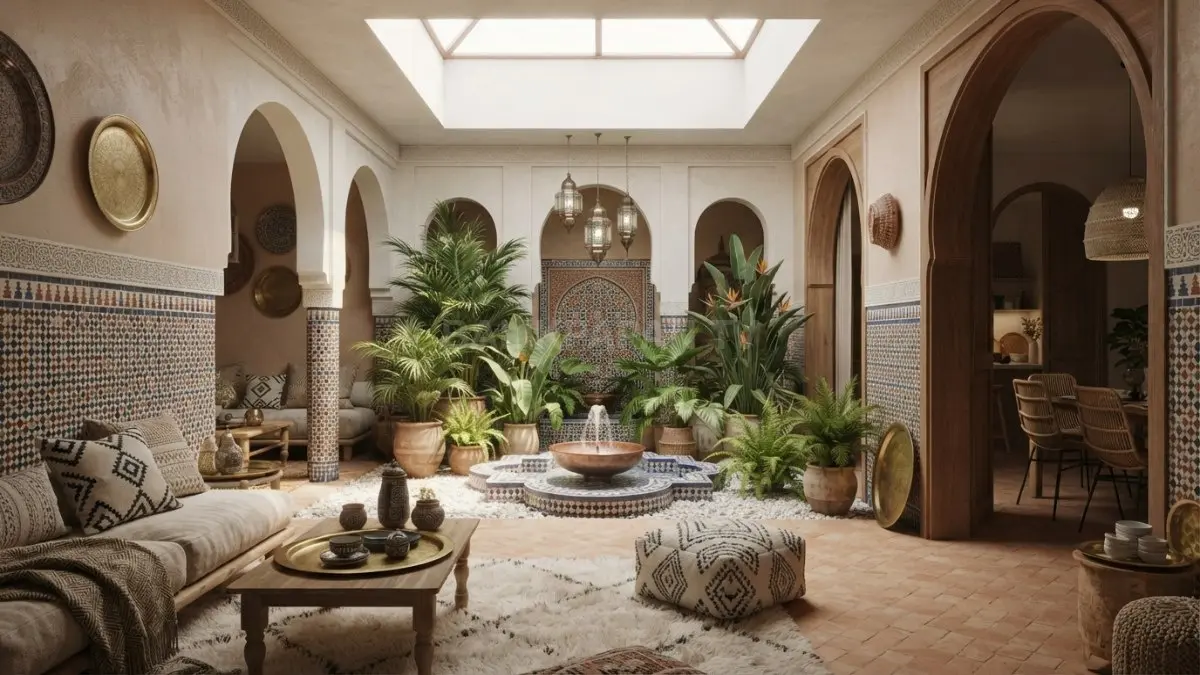 Dekorasi Maroko menghadirkan courtyard, tanaman, ornamen keramik, dan elemen air sebagai pusat perhatian interior rumah. (BTV/AI)