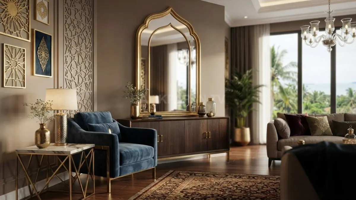 Dekorasi Sultan Arab memadukan aksen emas, cermin lengkung, dan ornamen geometris untuk menciptakan kemewahan elegan. (BTV/AI)