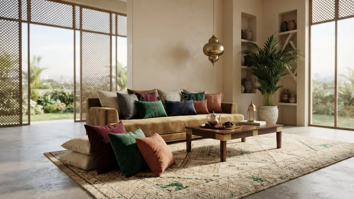 Dekorasi Sultan Arab memadukan karpet geometris, velvet, linen, dan warna elegan untuk menciptakan interior mewah bertekstur. (BTV/AI)