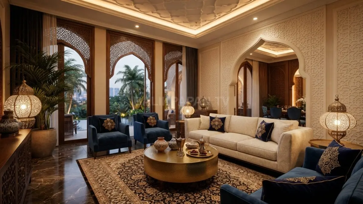 Dekorasi Sultan Arab memadukan warna mewah, material elegan, pencahayaan hangat, lengkungan, dan ornamen berkarakter. (BTV/AI)