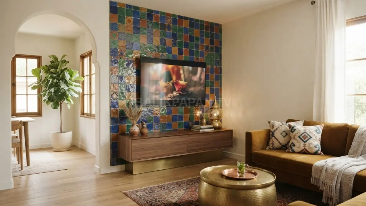 Dinding aksen zellige menghadirkan karakter Maroko melalui ubin geometris, warna kaya, tekstur artisan, dan focal point elegan. (BTV/AI)