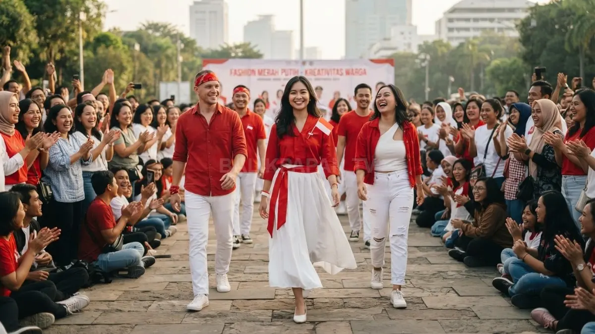 Fashion merah putih menghadirkan gaya kreatif, memanfaatkan pakaian yang tersedia, sekaligus mempererat kebersamaan warga. (BTV/AI)
