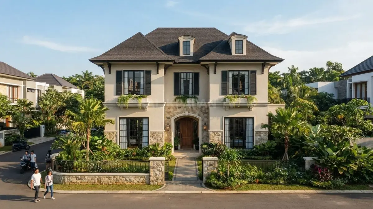 French Country modern menghadirkan fasad simetris, jendela tinggi, warna netral, dan aksen batu untuk hunian perkotaan. (BTV/AI)