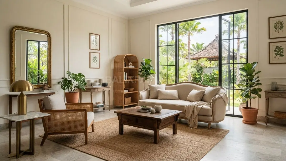 Furnitur klasik bergaya Prancis memadukan bentuk elegan, material alami, dan sentuhan modern untuk rumah tropis. (BTV/AI)
