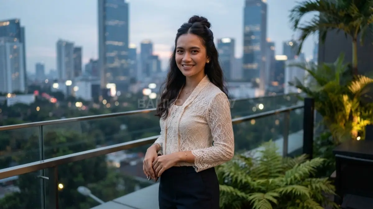 Half-up hairstyle menghadirkan kesan feminin dengan rambut terurai, cocok dipadukan kebaya modern beraksesori sederhana. (BTV/AI)
