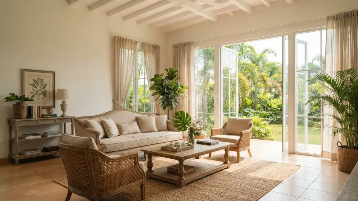 Home decor bergaya Prancis memadukan warna netral, furnitur klasik, material alami, dan elemen tropis yang nyaman. (BTV/AI)