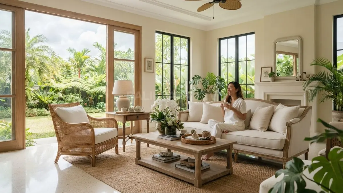 Home decor bergaya Prancis memadukan warna netral, furnitur klasik, material alami, dan sentuhan elegan yang hangat. (BTV/AI)