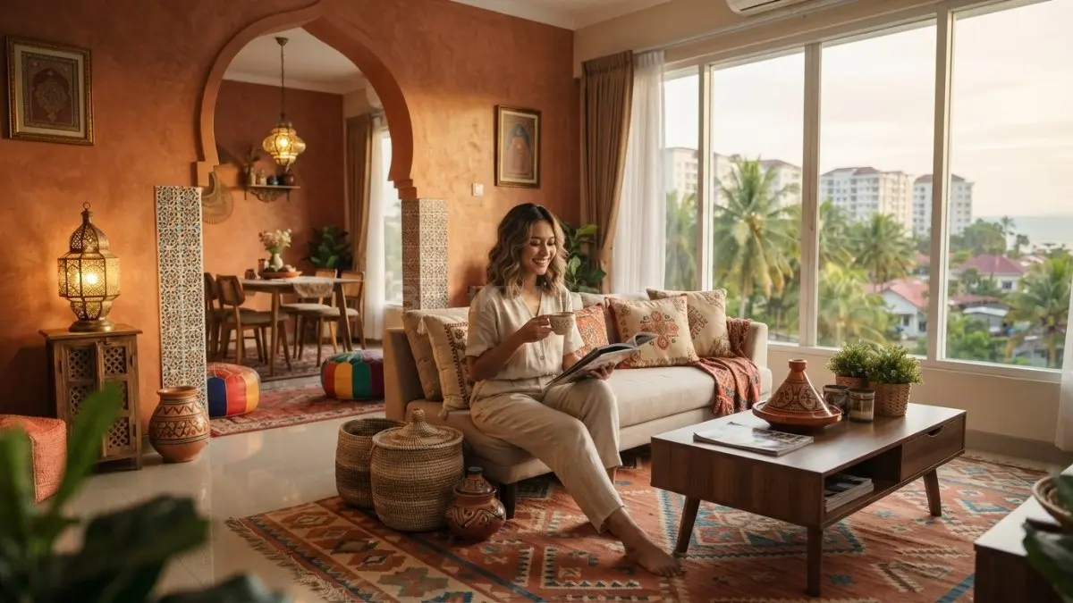 Home decor Maroko memadukan warna hangat, pola geometris, tekstur alami, lengkungan, dan pencahayaan lembut yang elegan. (BTV/AI)