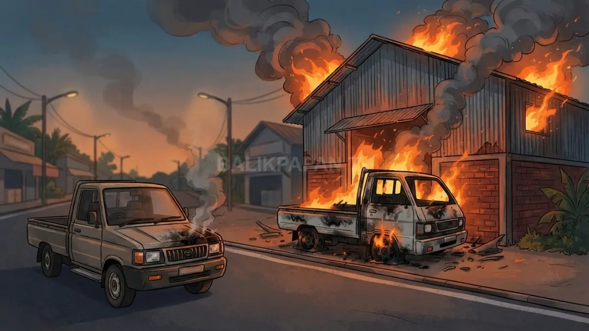 Ilustrasi dua mobil pikap terdampak kobaran api saat kebakaran gudang, petugas melakukan pemadaman dan pendinginan. (BTV/AI)