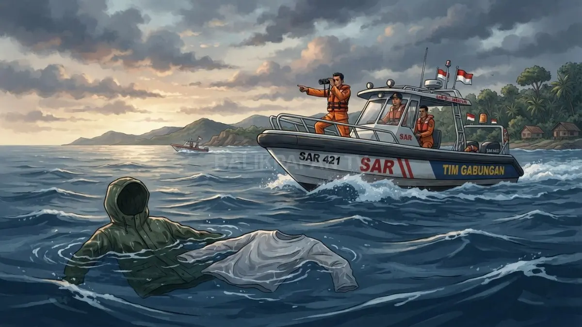 Ilustrasi Tim gabungan menyisir perairan mencari nelayan hilang setelah menemukan jaket hijau dan baju abu-abu miliknya. (BTV/AI)