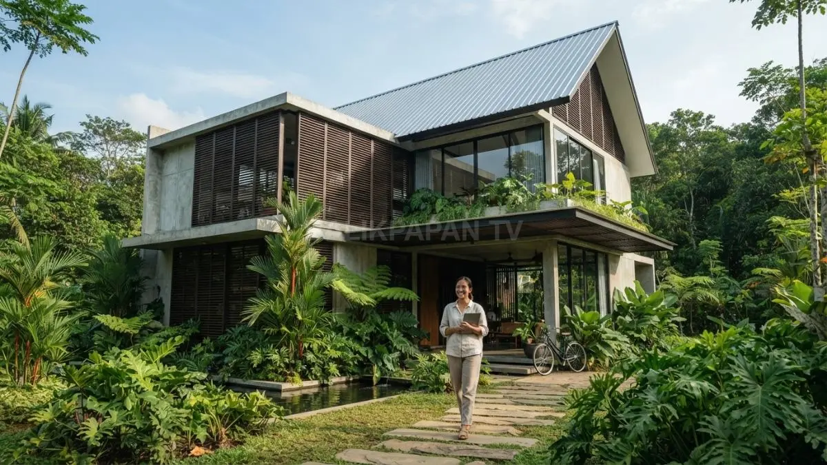 Inspirasi rumah tropis modern yang sejuk, teduh, hemat energi untuk iklim panas Kalimantan. (BTV/AI)
