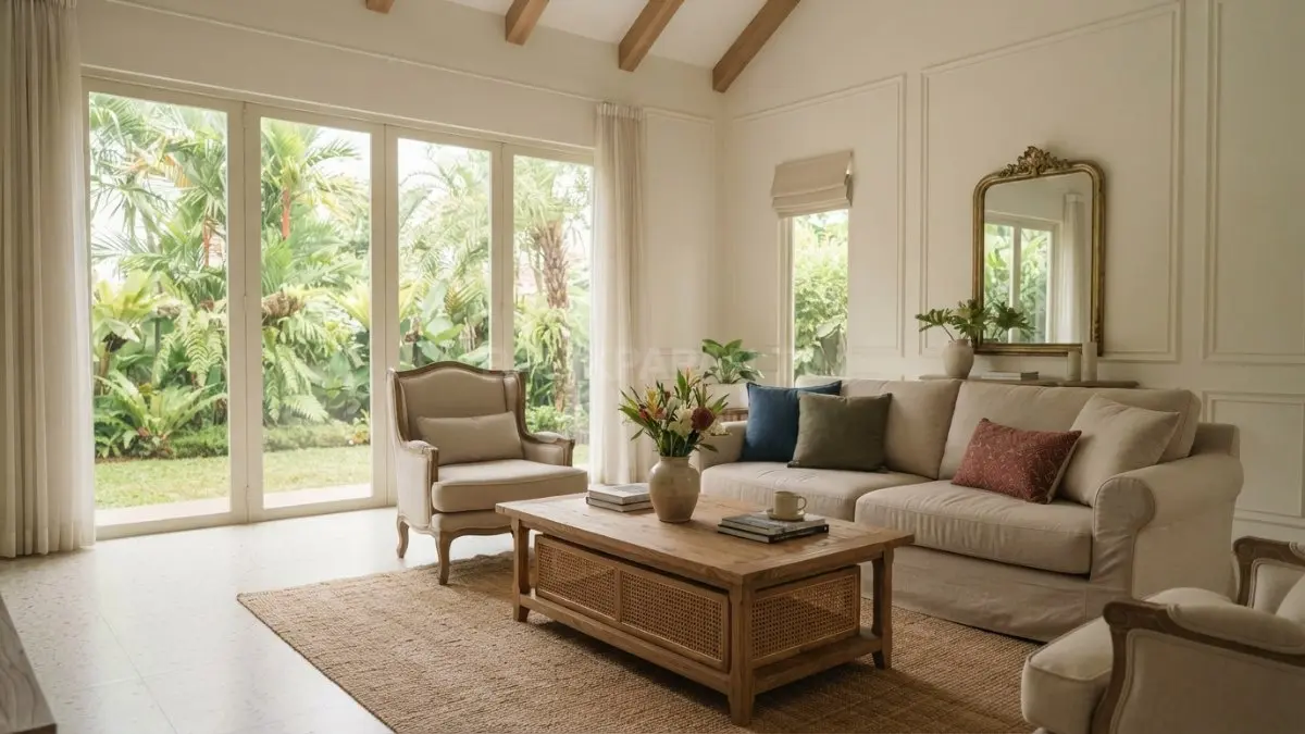 Interior bergaya Prancis memadukan warna netral lembut, furnitur berkarakter, material alami, dan aksen elegan yang hangat. (BTV/AI)