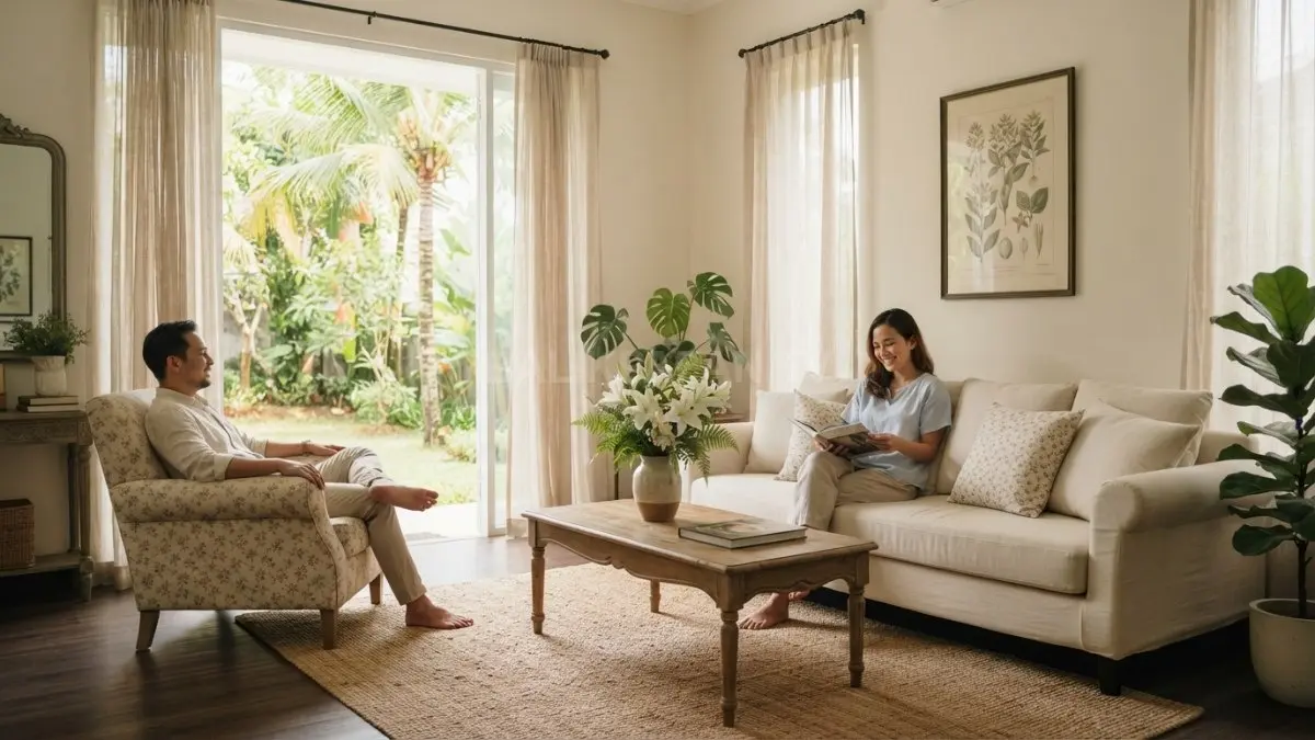 Interior Prancis memadukan linen, karpet, dan motif floral sebagai aksen untuk menciptakan suasana elegan. (BTV/AI)