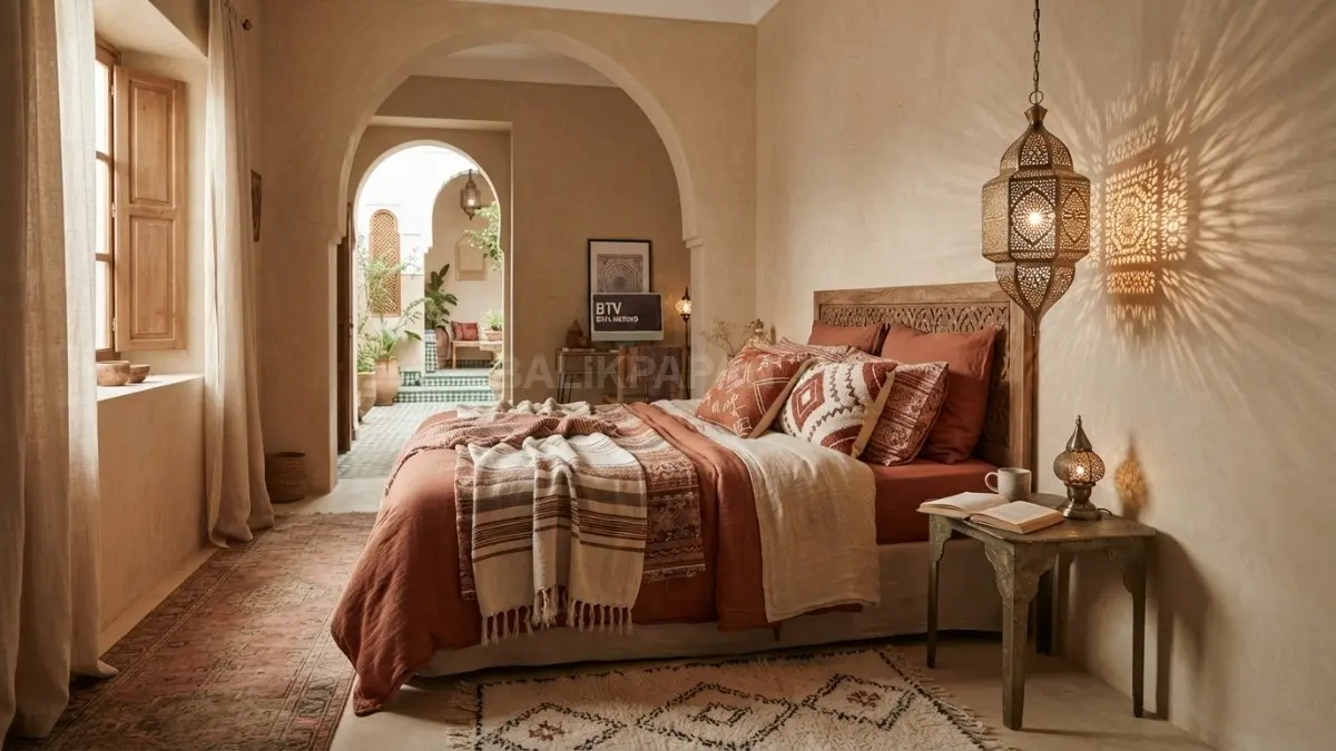 Kamar Maroko memadukan warna terracotta, tekstil berlapis, lentera dekoratif, dan pencahayaan lembut untuk suasana eksotis. (BTV/AI)