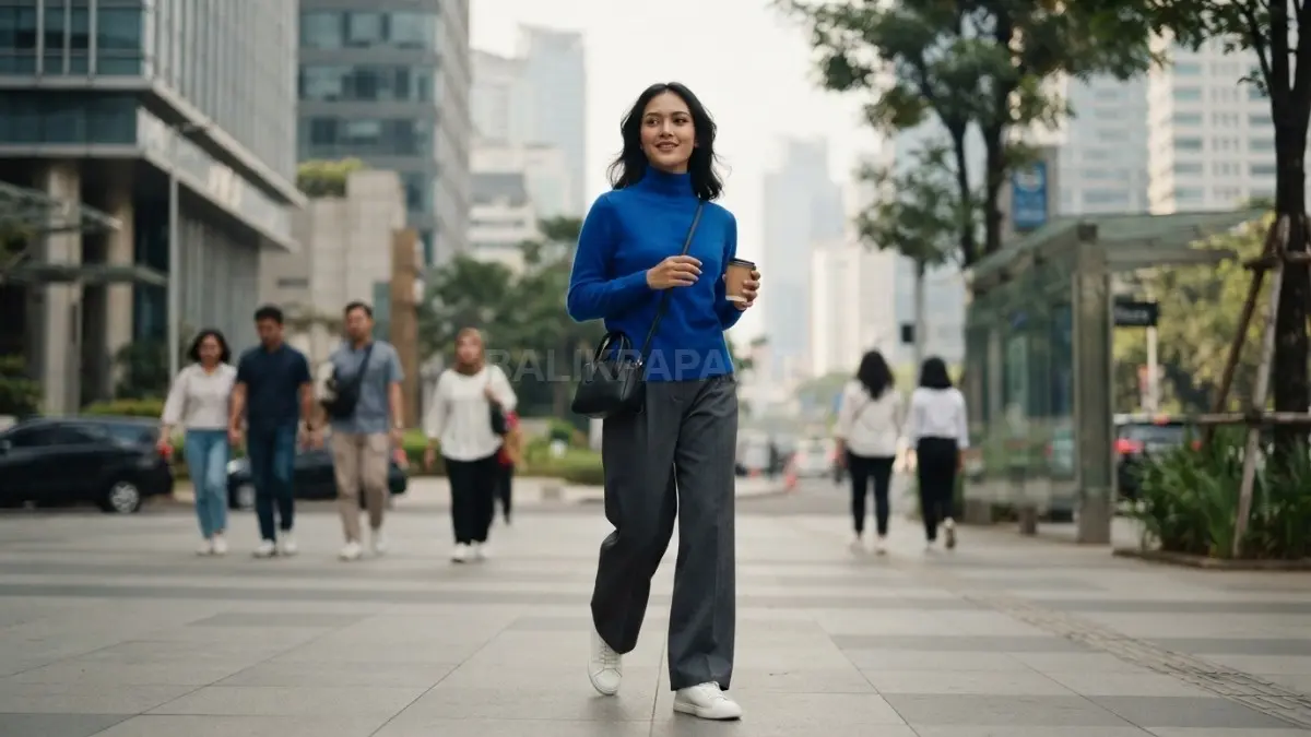 Klein blue menjadi pilihan berani untuk outfit minimalis dengan satu item utama dan warna netral sebagai penyeimbang. (BTV/AI)
