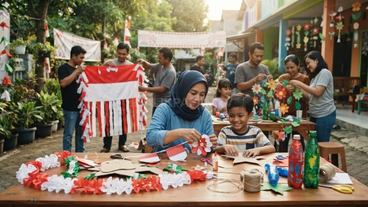 Kreasi dekorasi merah putih dari bahan bekas memperindah lingkungan sekaligus mempererat kreativitas dan kekompakan warga. (BTV/AI)