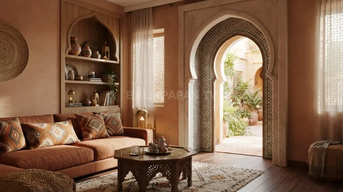 Lengkungan arch pada pintu dan rak menghadirkan karakter Maroko melalui bentuk dekoratif yang elegan dan khas. (BTV/AI)