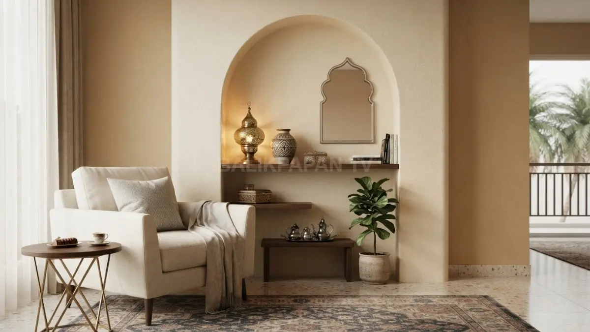 Lengkungan dinding dan niche menghadirkan karakter Sultan Arab melalui bentuk arsitektur, warna krem, serta dekorasi elegan. (BTV/AI)