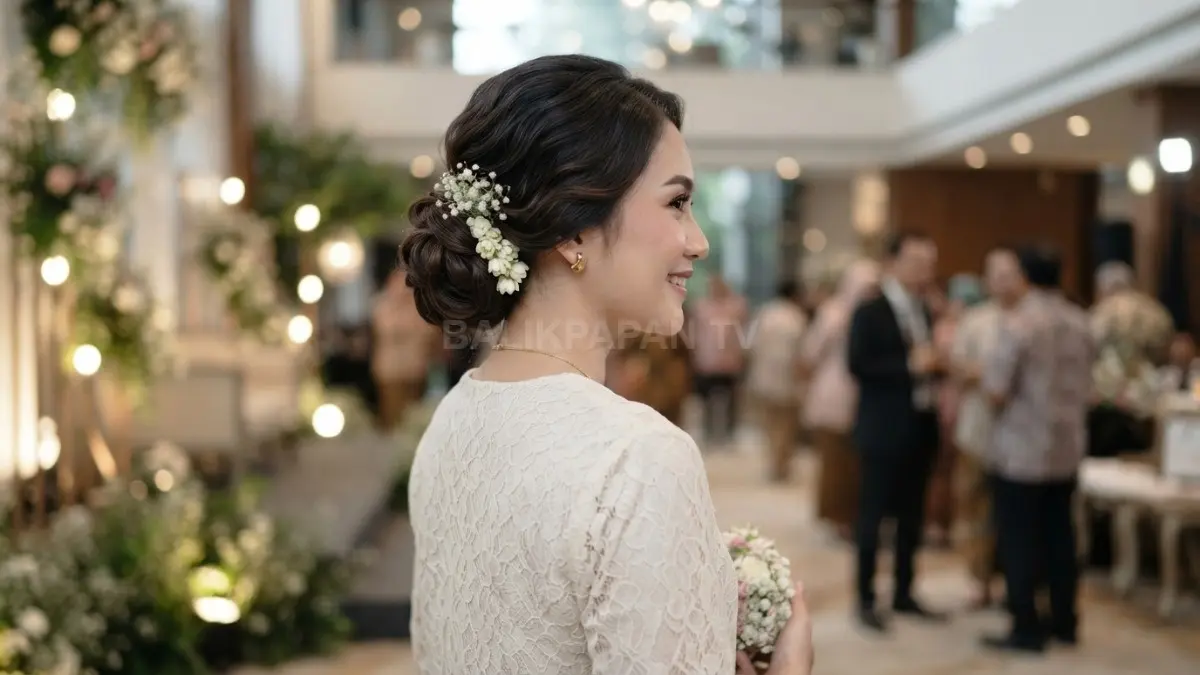 Low bun berhias bunga menghadirkan kesan anggun, tradisional, modern, dan harmonis untuk pakaian adat Indonesia (BTV/AI)
