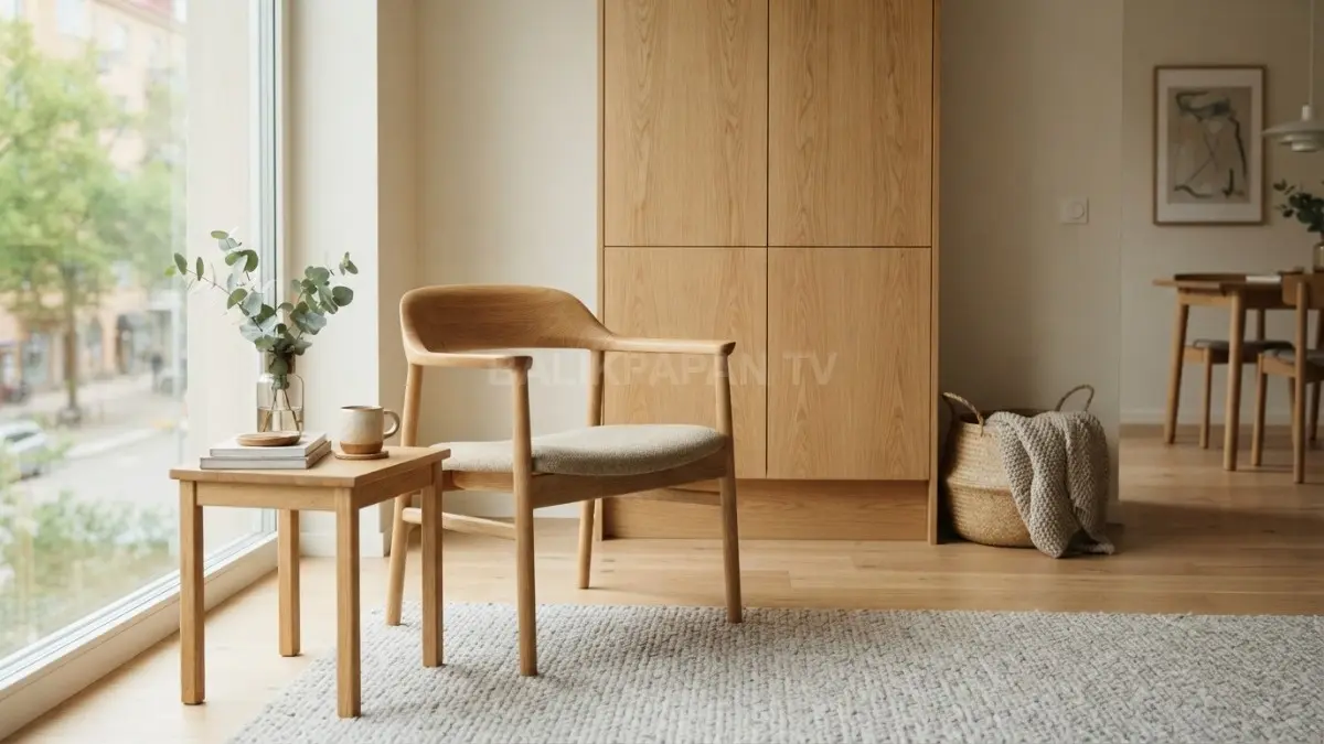 Material kayu menghadirkan kehangatan khas Skandinavia, berpadu warna terang dan furnitur sederhana yang fungsional. (BTV/AI)