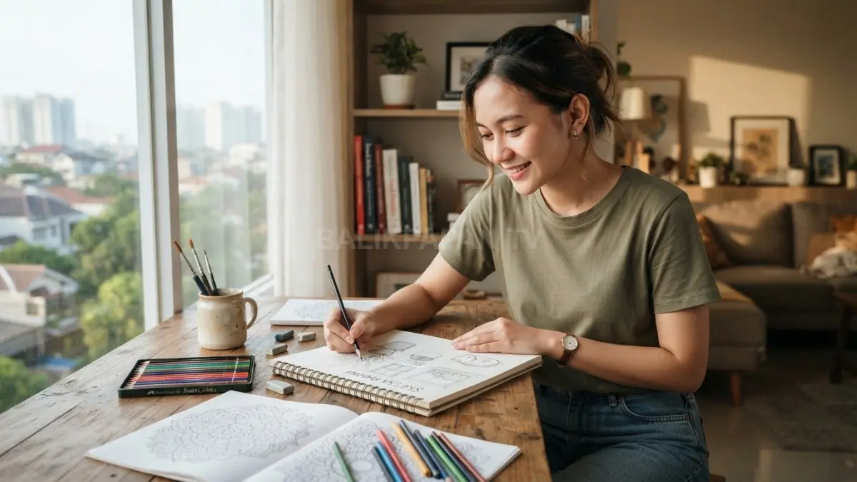 Menggambar sederhana melatih kreativitas dan membantu mengisi waktu luang dengan aktivitas menyenangkan di rumah setiap hari. (BTV/AI)