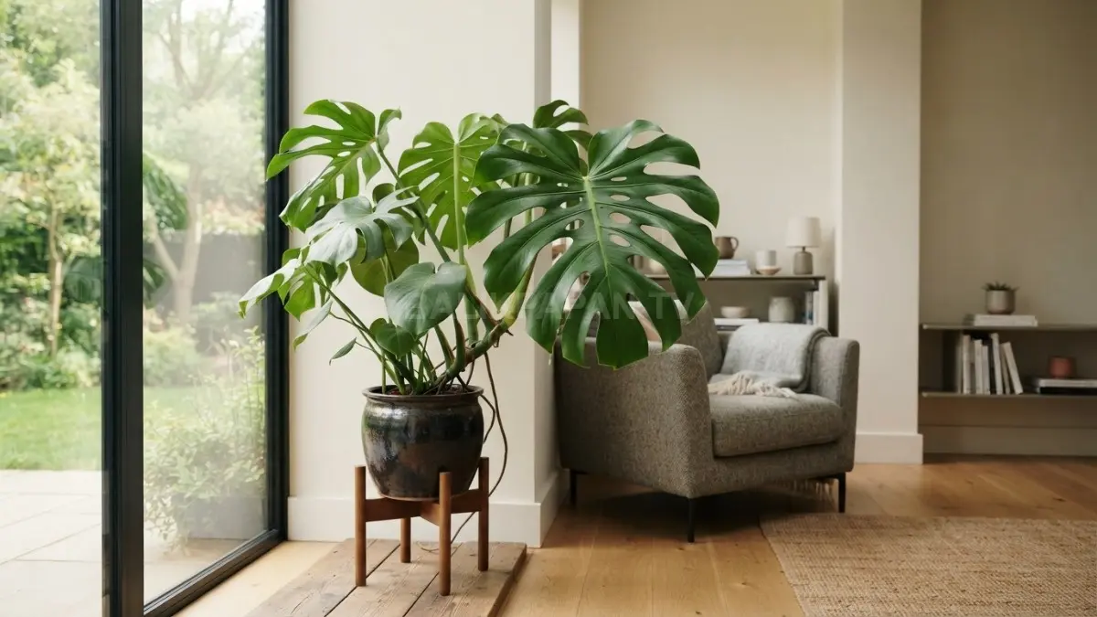 Monstera berdaun lebar menjadi titik perhatian yang memperkuat karakter visual ruangan dengan dekorasi sederhana dan alami. (BTV/AI)