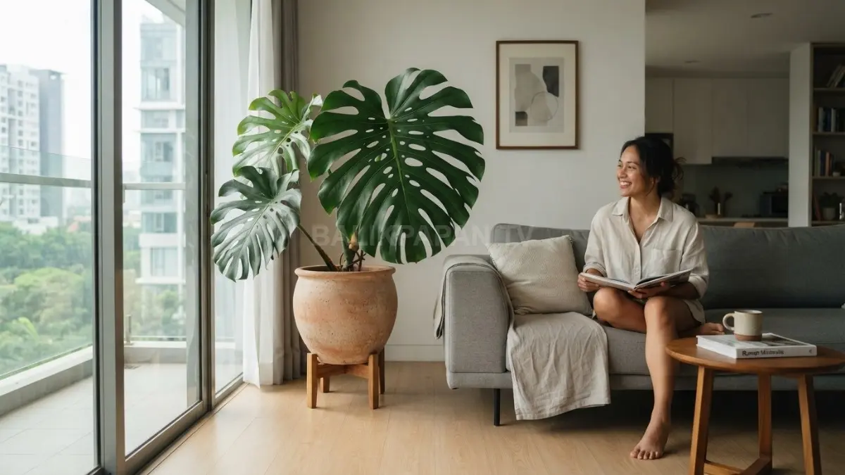 Monstera cocok sebagai titik fokus rumah minimalis, memberi nuansa tropis tanpa membuat ruangan terasa penuh. (BTV/AI)
