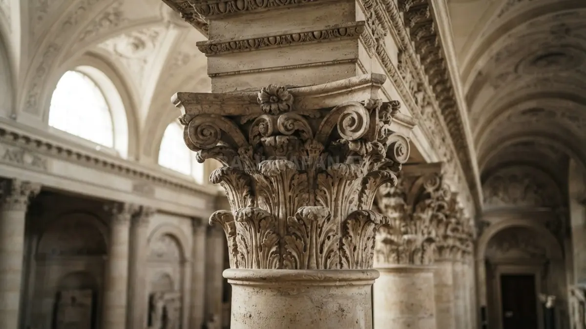 ornamen klasik seperti corinthian menghadirkan karakter lewat detail daun acanthus pada kepala kolom, dinding, pintu, dan langit-langit. (BTV/AI)