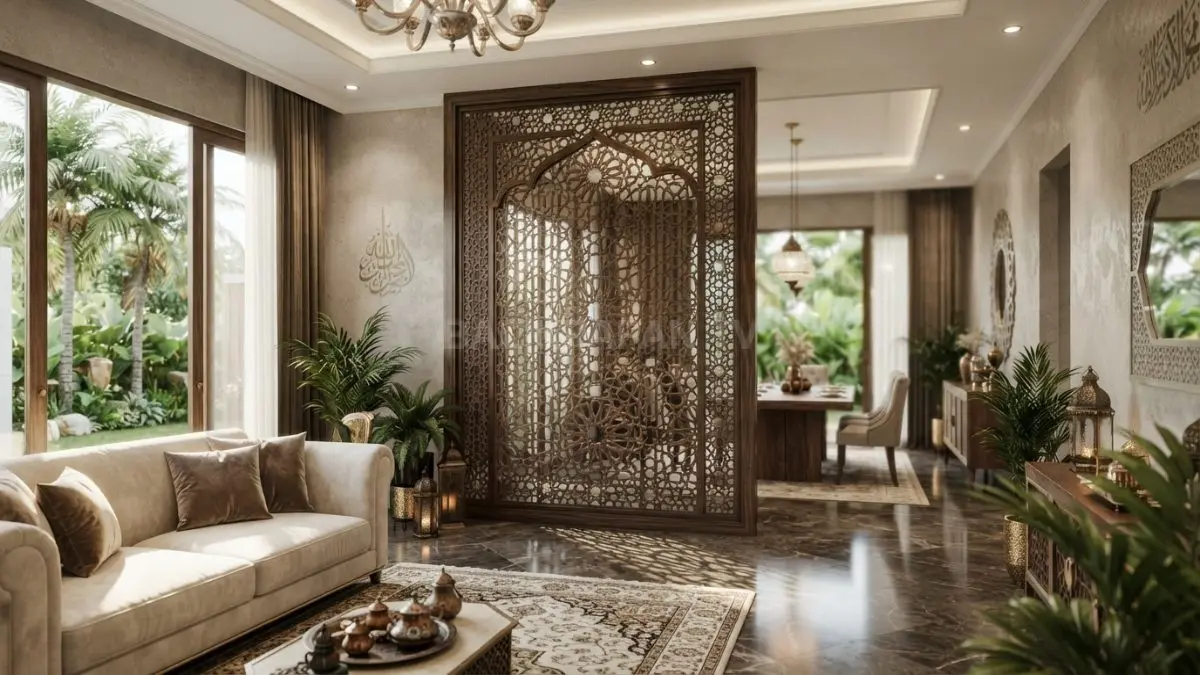 Panel mashrabiya menghadirkan aksen Arab elegan sekaligus membantu membagi ruang dengan permainan cahaya dan privasi. (BTV/AI)
