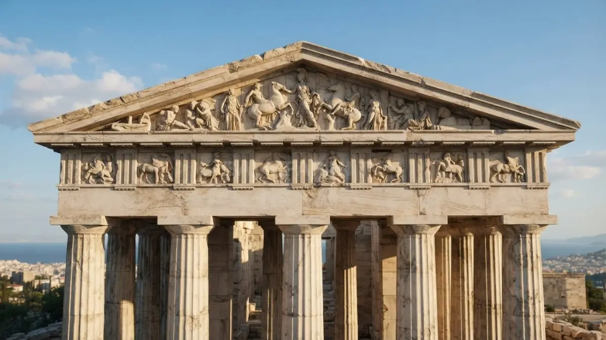 Pedimen dan entablatur memperkuat karakter fasad klasik melalui perpaduan bentuk geometris, kolom, relief, dan proporsi harmonis. (BTV/AI)