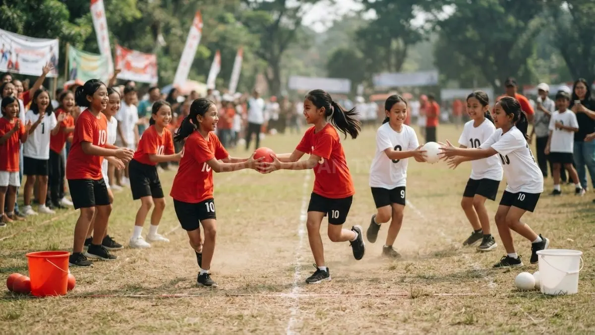 Peserta kompak memindahkan bola merah putih dalam estafet seru, menguatkan kebersamaan, kekompakan, dan semangat bersama. (BTV/AI)