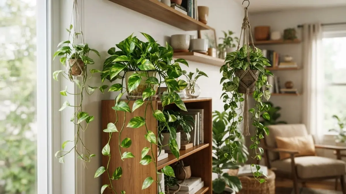 Pothos menghiasi rak dan pot gantung, menghadirkan kesan segar dengan daun menjuntai serta cahaya tidak langsung. (BTV/AI)