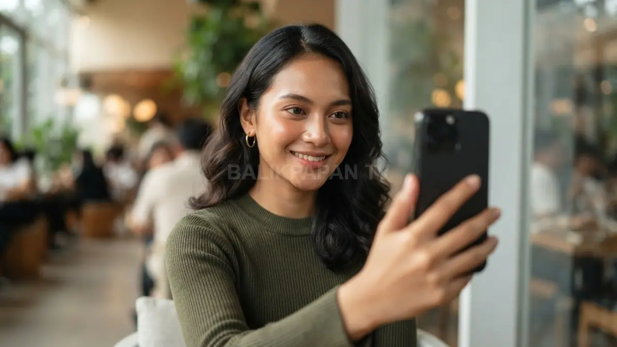 Potret seorang wanita muda menatap kamera ponsel dengan tampilan kulit alami yang begitu memesona. (BTV/Ai)