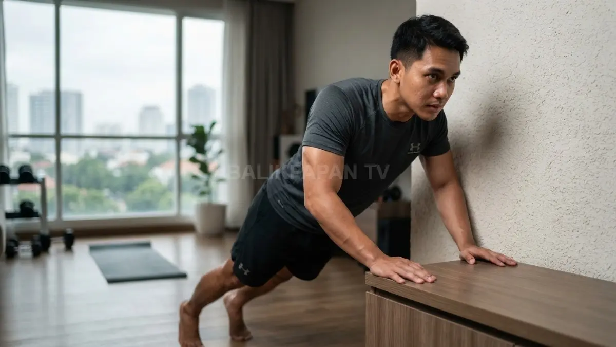 Push-up melatih dada, bahu, lengan, serta otot inti tanpa membutuhkan banyak ruang atau peralatan khusus. (BTV/AI)
