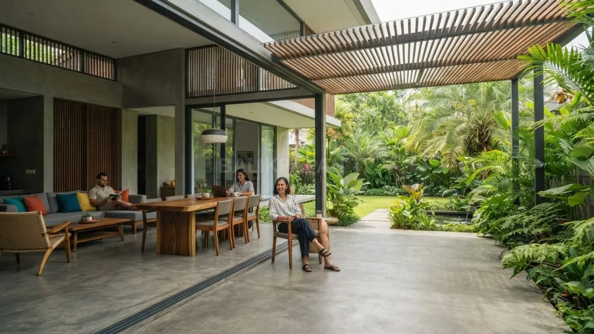 Ruang semi-outdoor menyatukan interior dan taman, menciptakan hunian tropis nyaman sekaligus sejuk. (BTV/AI)
