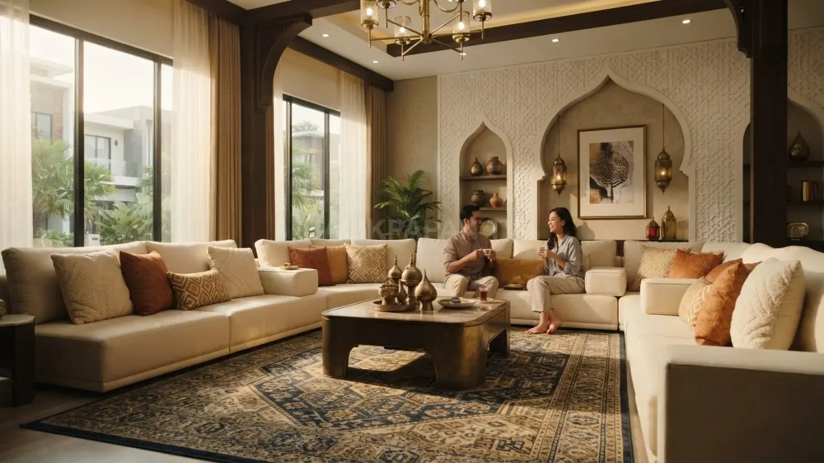 Ruang tamu bergaya majlis memadukan sofa rendah, karpet geometris, meja bronze, dan suasana Arab elegan. (BTV/AI)