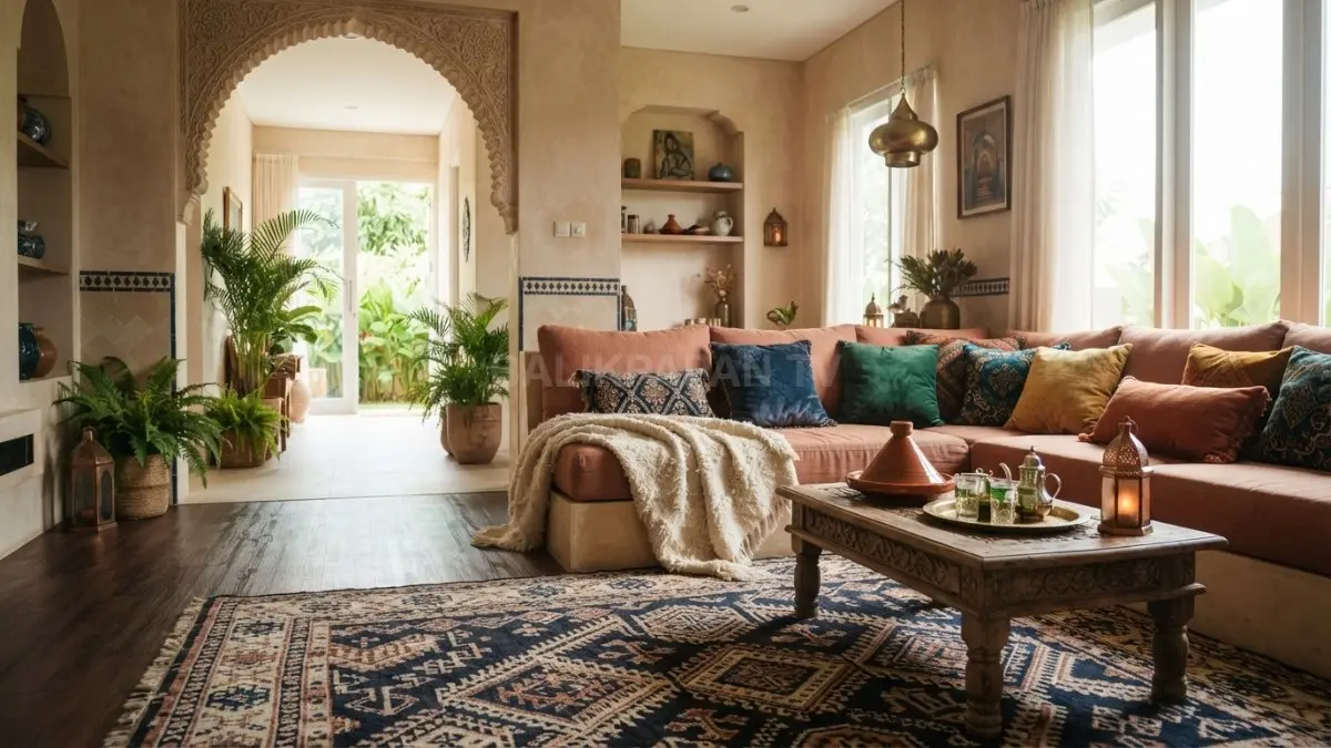 Ruang tamu bergaya Maroko memadukan sofa rendah, karpet geometris, bantal warna hangat, dan tekstil berlapis. (BTV/AI)