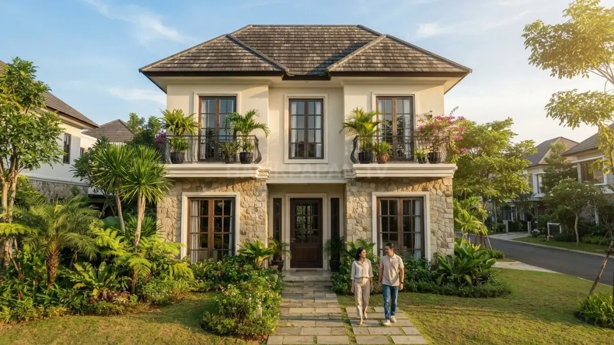 Rumah French Country dua lantai menampilkan fasad simetris, atap curam, jendela tinggi, balkon, dan batu alami. (BTV/AI)