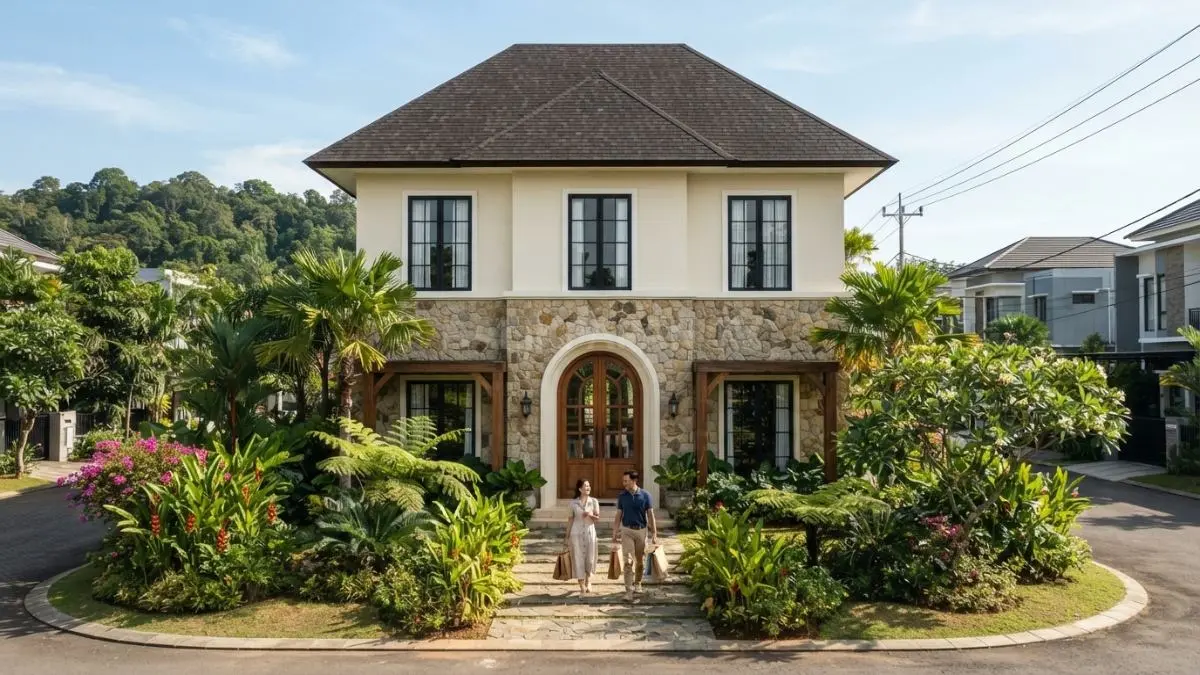Rumah French Country memadukan fasad batu alam, dinding krem, pintu kayu besar, dan jendela tinggi klasik. (BTV/AI)