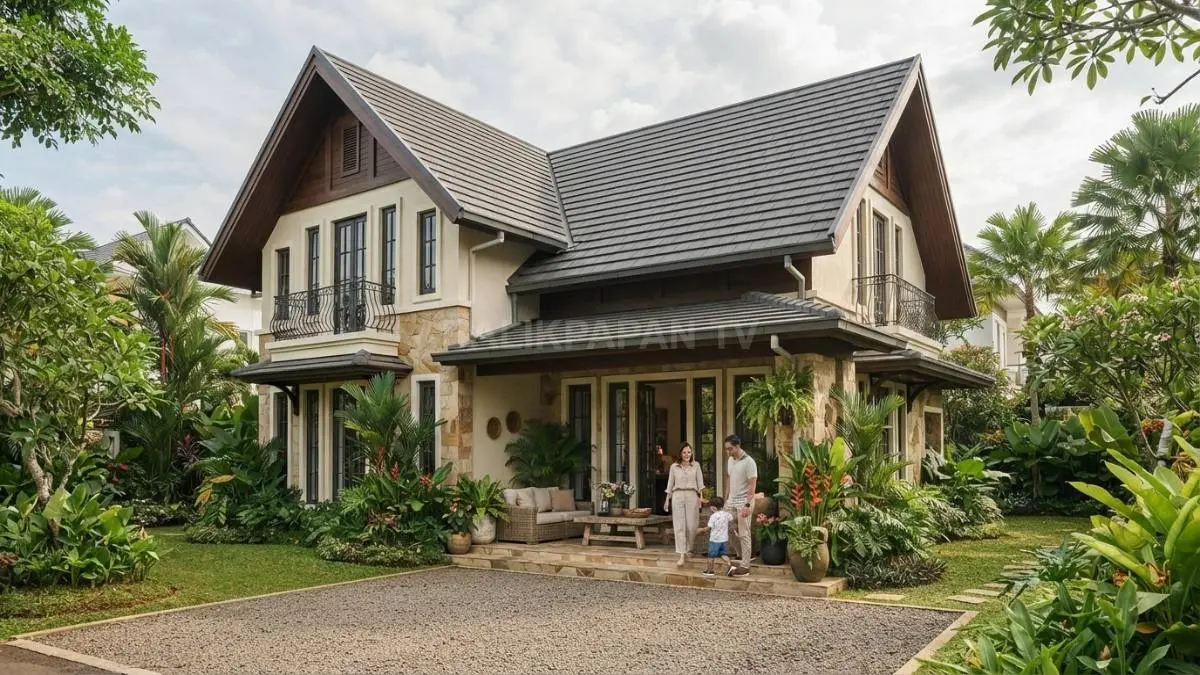 Rumah French Country memadukan fasad klasik, atap curam, jendela tinggi, material alami, dan teras teduh tropis. (BTV/AI)