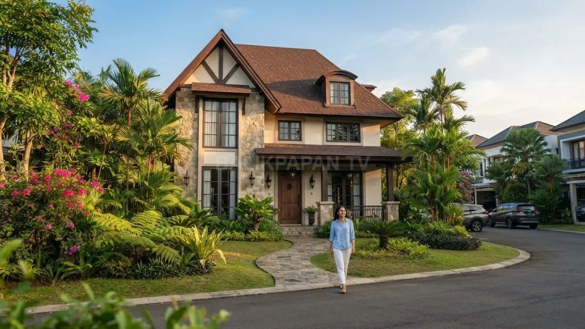 Rumah French Country menampilkan atap curam dan dormer yang memperkuat karakter arsitektur Eropa klasik elegan. (BTV/AI)