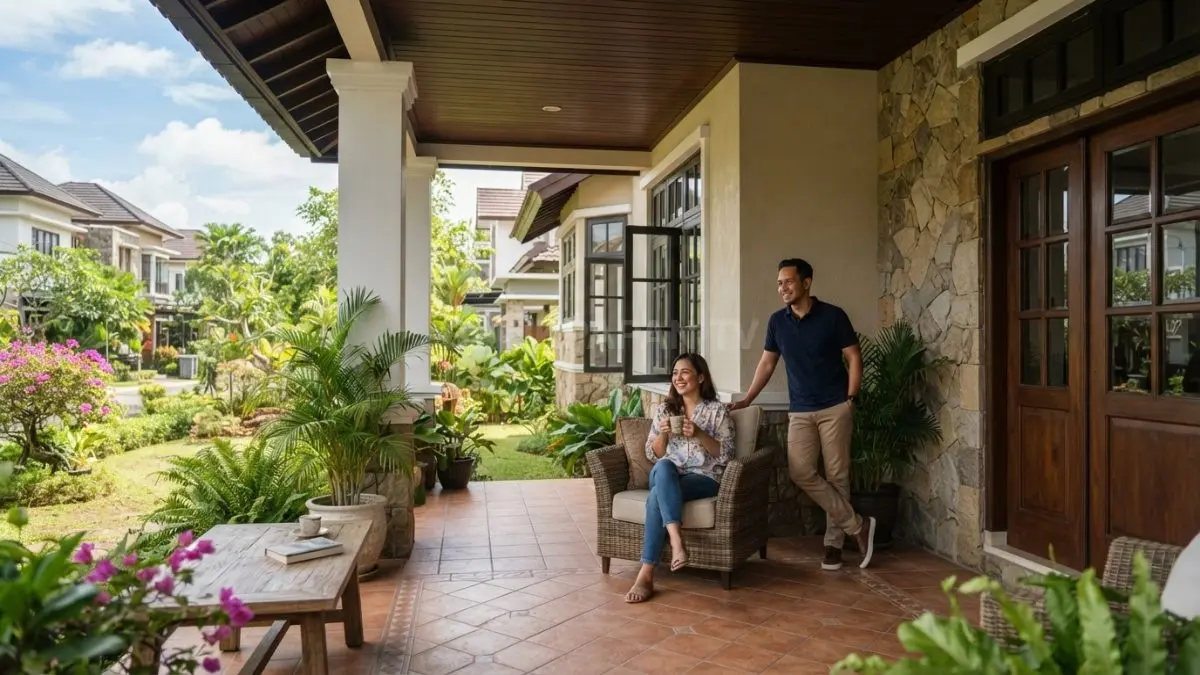 Rumah French Country menghadirkan teras lebar dengan pilar sederhana, pintu kayu, dan kursi outdoor alami. (BTV/AI)